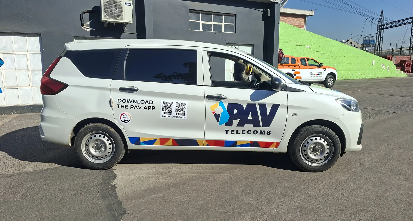 PAV Telecoms Suzuki Ertiga vehicle decal kit, side profile, Durban